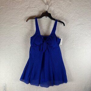 Swim Solutions Women's Bow Front Sleeveless Crochet Cobalt Blue Swim Dress Sz 12